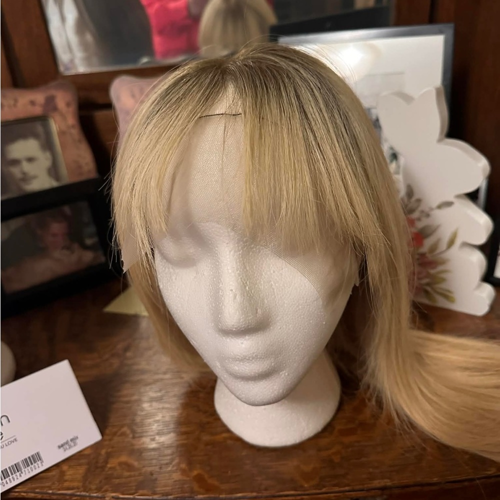 Human Hair Blonde Women's Wig with Fringe Bangs.  Natural Light Blonde